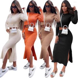 Work Dresses 2022 Lady Sping Sexy Holiday Style Sets Long Sleeve Round Neck Short Top Elastic Mid Skirt Pure Colour Women Dress