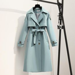 Women's Trench Coats Streetwear Female Solid Loose Lapel Long Coat With Belt Autumn Women Casual Light Green Windbreaker Outwear