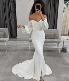 Elegant Long V-Neck Mermaid Wedding Dresses with Sleeves Custom Ivory Satin Floor Length Button Back Bridal Gowns for Women