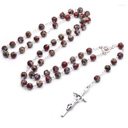 Pendant Necklaces QIGO Red Cloisonne Rosary Neckalce Long Jesus Cross Religious Catholic Pray Jewellery Gift