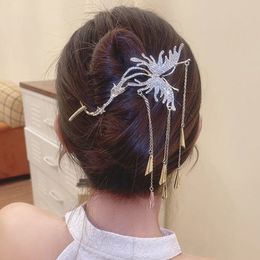 Vintage Clamps Women Hair Clips Claw Stick Elegant Rhinestone Butterfly Long Tassel Hairpin Ponytail Holder Headdress Hair Accessories