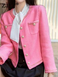 Women's Jackets ZJYT Luxury Designer Winter Tweed For Women 2022 Fashion Full Sleeve O Neck Wool Blends Coat Elegant Outerwear Pink