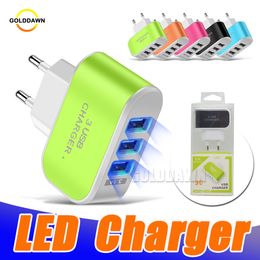 3 USB Wall Charger LED Adapters Travel Adapter Triple USB Ports Chargers Home Plug For Mobile Phone With Retail Package