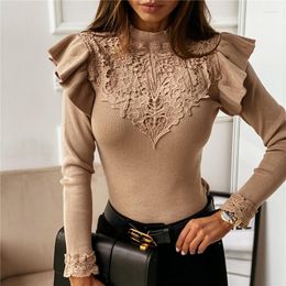 Women's Blouses Women Knit Patchwork Ribber T-Shirt Long Sleeve Ruffles Blouse Crew Neck Button Mesh Turtleneck Tops Autumn Winter Sweater