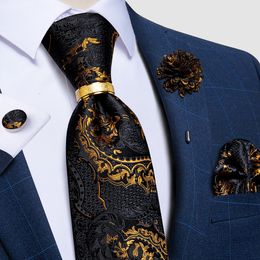 Neck Ties Designer Men's Luxury Gold Black Paisley Silk Pocket Square Brooch Business Wedding Gfit For Men DiBanGu 221110