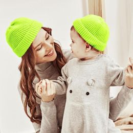 Berets 2Pcs/Set Fashion Mother Daughter Beanies Pure Colour Ribbed Parent-Child Beanie Hats Baby Boys Girls Women Knitted