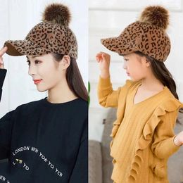 Hats Children Hat Baseball Cap Women's All-match Leopard Print Peaked Big Fur Ball Tourist Outdoor Parent-child Warm