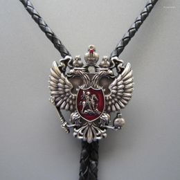 Bow Ties Vintage Silver Plated Russian Double Headed Empire Eagle Rhinestone Bolo Tie Neck Necklace