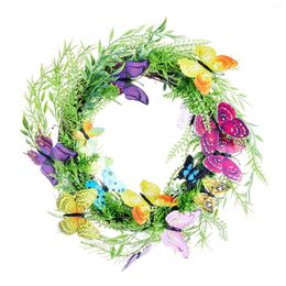 Decorative Flowers Home Wreaths Colorful Butterflies Green Rattan Round-Shaped Spring Hanging Garland For Front Door Windows Wall Decor