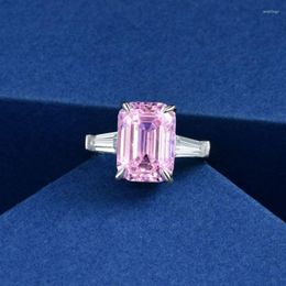 Cluster Rings 925 Sterling Silver Three Stone Ring Emerald Cut Centre Pink Zircon Diamonds White Gold Wedding Jewellery For Women