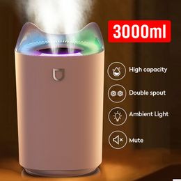Humidifiers Other Home Garden 3L Air Humidifier Essential Oil Aroma Diffuser Double Nozzle With Coloful LED Light Ultrasonic Aromatherapy 221014