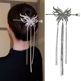 Vintage Long Tassel Pearl Butterfly Hair Fork Hairpin For Women Hairwear Elegant Hair Sticks Rhinestone Hair Jewelry