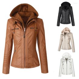 Women's Jackets 2022 Winter Ladies Fashion Hooded Leather Jacket Motorcycle Street Tops Casual Slim Fit