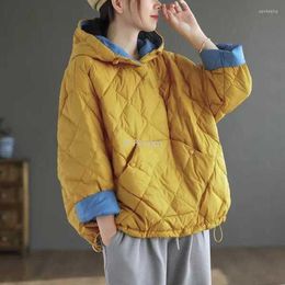 Women's Hoodies Hooded Sweater Women's Pullover Down Thick Coat Winter Commuter Plaid Colour Matching Loose Warm Light Bread Women L-XL