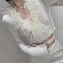 Women's Knits 2022 Autumn Ostrich Hair Decoration Sexy Knitted Tops Women Fashion Chic Bandage Full Sleeves Knit Cardigan Sweater Y3350