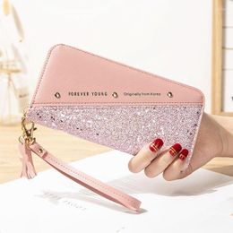 Wallets Fashion Sequined Patchwork Glitter Wallet For Women Long PU Leather Zipper Coin Purse Card Holders Female Tassel Purses