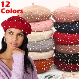 Berets 12 Colors Vintage Pearl Beret Women Wool Diamond Hat Winter Tape Hogten Hats Французский художник Lady Beanie Cap