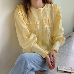 Women's Blouses Korean Fashion Striped Colorblock Button Up Shirt For Women Round Collar Puff Sleeve Loose Female Clothing 2022 X806