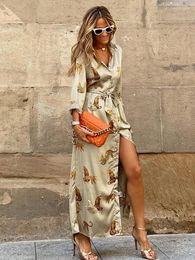 Casual Dresses Foridol Causal Button Women Satin Dress Party Slit Long Animal Print Fashion Green Silk Robe Office Turn Down Collar Shirt