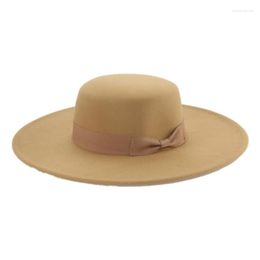 Berets Women Hats Bowler Hat Fedoras Wide Brim Flat Ribbon Band Bowknot Beige Winter Ladies Dress Formal Fedora Sombreros