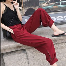 Women's Pants Women's & Capris Lady Summer Wide Leg Bloomers Women Solid Fashion Side Hole Breath Loose Pant Female Casual Red Black