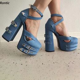 Rontic Handmade Women Platform Pumps Denim Buckle Strap Chunky Heels Round Toe Pretty Blue Cosplay Shoes US Size 5-15