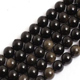 Beads Natural Round Smooth Gold Obsidian Stone For Jewellery Making Strand 15inches DIY Jewellery