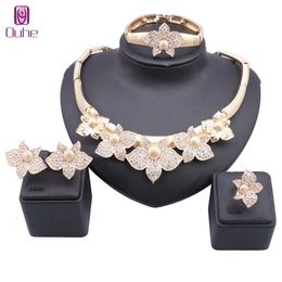 Italy Gold Colour Bridal Crystal Jewellery Sets Flower Necklace Earrings Bracelet Ring Women's Party Costume Accessories Gifts