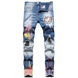 Men's Jeans Men Skull Flame Printed Denim Jeans Streetwear Skateboard Rivet Punk Stretch Pants Ripped Patchwork Slim Straight Trousers T221102