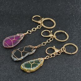 Gold Wire Wrap Key Rings Diy Raw Natural Stone Agate Healing Crystal Keychain Bag Hangings for Women Men Fine Fashion Jewellery