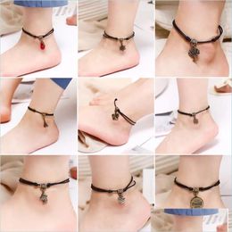 Anklets 50Pcs/Lot Vintage Star Heart Love Anklets For Women Men Ankle Bracelets On Foot Fashion Handmade Wax Rope Chain Friendship J Dhv8J