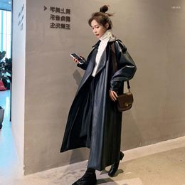 Women's Leather Spring Black Oversized Long Waterproof Trench Coat 2022 Sleeve Loose Korean Fashion Clothing Trenchcoats ZZ736