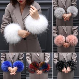 Knee Pads High Quality Winter Women Fur Cuffs Faux Raccoon Elastic Wrist Decor Detachable Arm Warmer Plush Oversleeve Bracelet