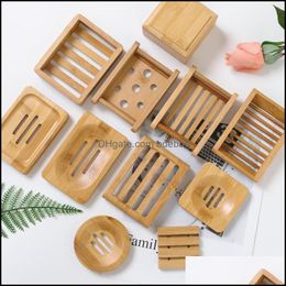 Soap Dishes Soap Dish Holder Wooden Natural Bamboo Dishes Simple Rack Plate Tray Round Square Case Container 2837 Q2 Drop Delivery H Dhye9