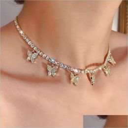 Pendant Necklaces Fashion Butterfly Pendant Necklace Female Rhinestone Shining Statement Crystal Charm Choker For Woman Jewelry Gift Dhqlu