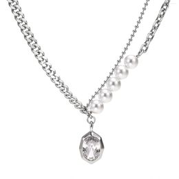 Pendant Necklaces Women Simulated Pearl For Party Jewellery Geometric Stone With Adjustable Chain Double Layered Cuban