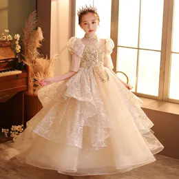 Gold Flower Girl Dresses Jewel Neck Ball Gown Lace Appliques Beads Sequined Kids Girls Pageant Dress Sweep Train Birthday Prom Gowns 403