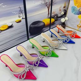 Satin Sandals Shoes Women Bow Crystal Embellished Buckle Pointed Slingbacks High Stiletto Designer Bride Style Shiny Party Patent Wedding Box