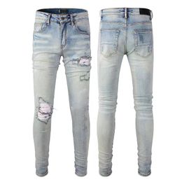 Jeans stack firmati Jeans viola europei da uomo con ricami trapuntati strappati per pantaloni vintage di marca di tendenza da uomo piegati jeans skinny alla moda