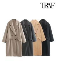 Women's Wool Blends TRAF Women Fashion Oversized Double Breasted Woolen Coat Vintage Long Sleeve Flap Pockets Female Outerwear Chic Overcoat 221114