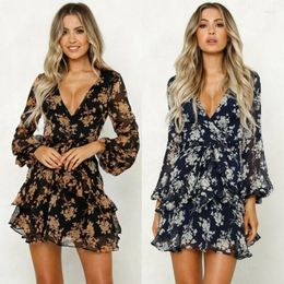 Casual Dresses Summer Womens Boho Fashion Floral Print Chiffon Dress Beach Long Sleeve Deep-V Neck Short Mini Sundress