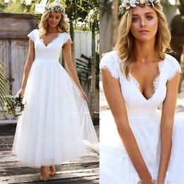 Elegant Tulle Short Wedding Dress Deep V-Neck A-Line Cap Straps Bridal Gowns Ankle Length Robe De Mairee 2022 Custom Made