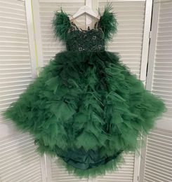 Girl Dresses Green Feather Flower Beaded Ruffles Jewel Neck Gilrs Pageant Dress Little Kids First Communion