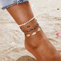 Anklets 4PCS Braided Rope Anklet Bohemian Shell Beaded Ankle Bracelet For Women Girls Summer Beach Foot Chain Jewellery