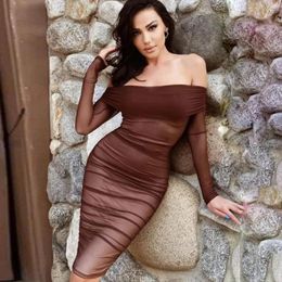 Casual Dresses Est Women Winter Sexy Off Shoulder Long Sleeve Mesh Ruched Brown Midi Bodycon Bandage Dress 2022 Elegant Evening Party