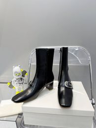 Fibbia per cintura testa quadrata tacco spesso stivali sottili pelle cerata francese tacco alto corto 5,5 cm e cerniera alla caviglia Martin