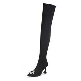 Sexy Lady women shoes Boots leather Over Knee Winter New Pointed thigh High Heel Wine Cup Elastic Socks Rhinestone Buckle Women's Thin