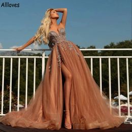 Champagne Tulle A Line Prom Dresses Sexy Sweetheart Shiny Sequins Lace Appliqued Formal Party Evening Gowns Side Slit Arabic Aso Ebi Vestidos De Festa CL1432