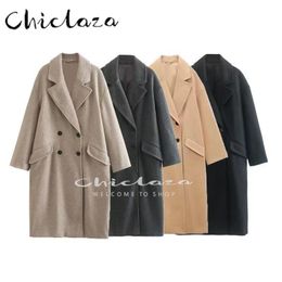 Women's Wool Blends CHICLAZA Autumn Winter Women Fashion Casual Double Breasted Loose Woolen Coat Female Solid Pocket Outerwear Top 221114