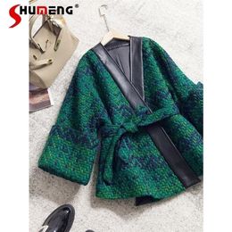 Womens Wool Blends Casual Loose Green Tweed Jackets French Women Autumn Coats Sashes Long Sleeve Slim Pu Leather V Neck Midlength Vest Jacket 221113